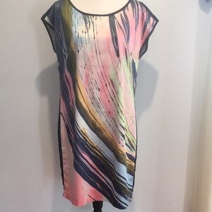 Forenza Abstract Print Watercolor Silky Satin Sleeveless Shift Dress size 10